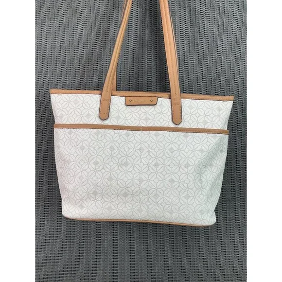 Rosetti Beige & Tan Tote Bag With Geometric Pattern & Matching Pouch - Picture 2 of 13